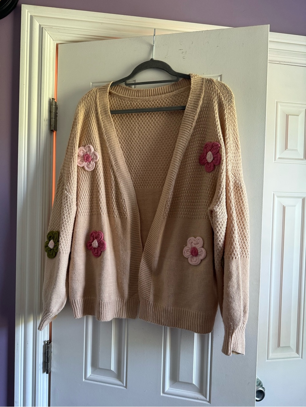 SHEIN Beige Open-Front Cardigan with Pink & Green Floral Appliqués